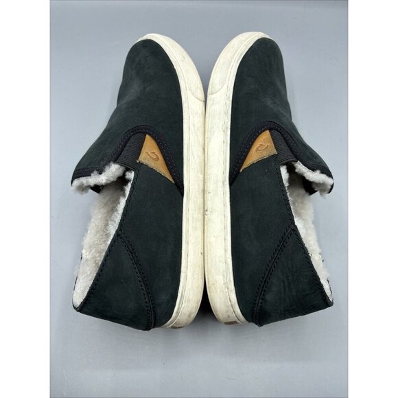 Olukai Pehuea Heu Womens Sz‎ 7 Black Leather Shearling Slip On Loafers Casual - Picture 7 of 8